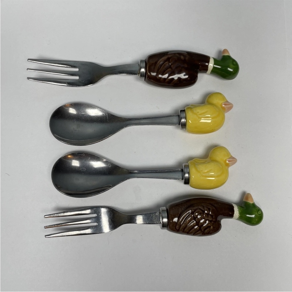 Vintage Appetizer Fork & Spoon Ceramic Mallard Duck Yellow Duck Set Of 4